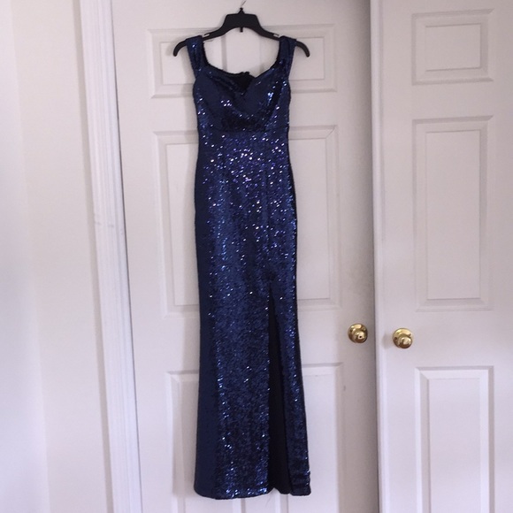 Dresses & Skirts - Blue sequence off the shoulder evening gown.